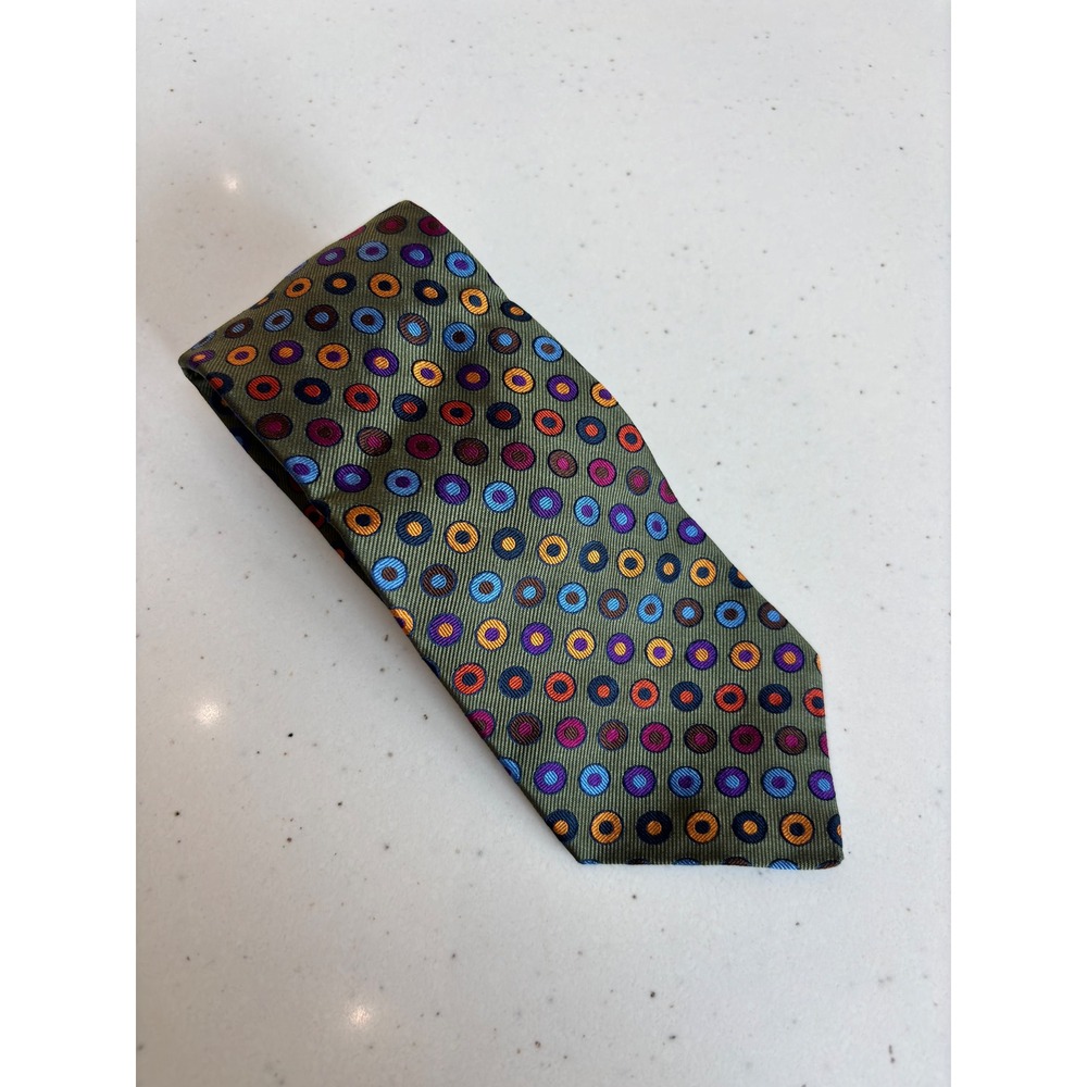 Harold Powell Mens Silk Tie Olive Green Blue Orange Geometric Circle Pattern USA